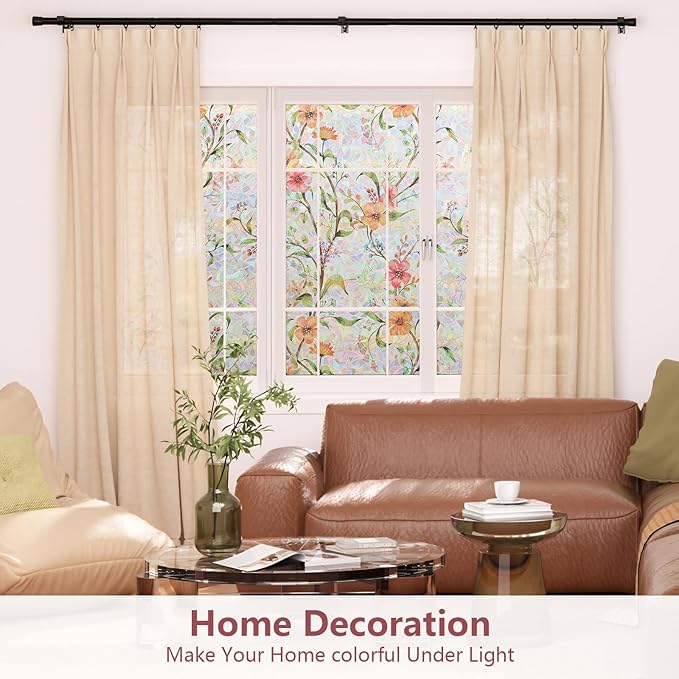 NINETREX Window Privacy Film,Stained Glass Window Film,Rainbow Decorative Stickers Static Cling Anti UV Heat Control for Home Decor (Galsang Flower,23.6 x 78.7inch)