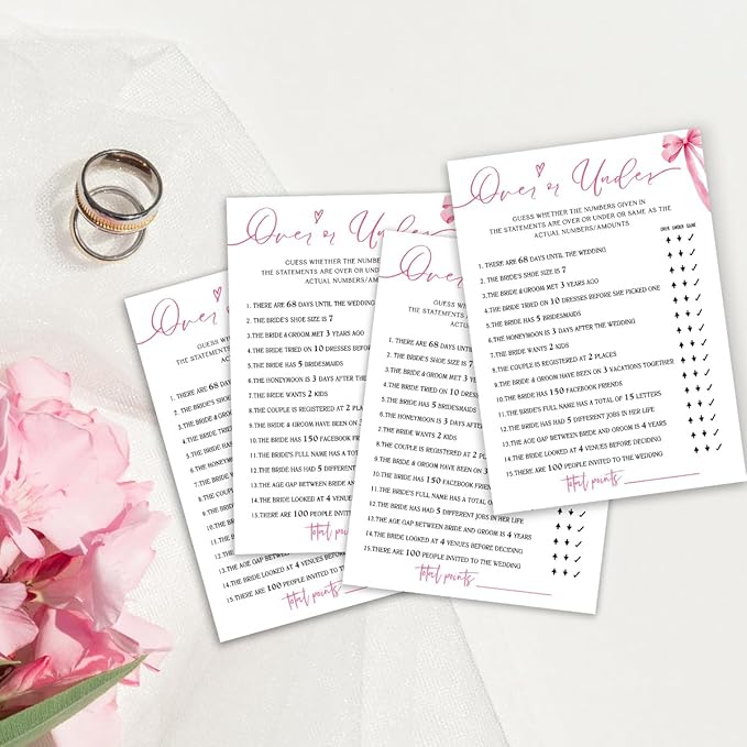 Bridal Shower Games Cards, Guess Over or Under, Bridal Shower Games 25 Guests, Engagement Party Wedding Games for Guests, Pink Ribbon Bow Wedding Party Supplies - E13