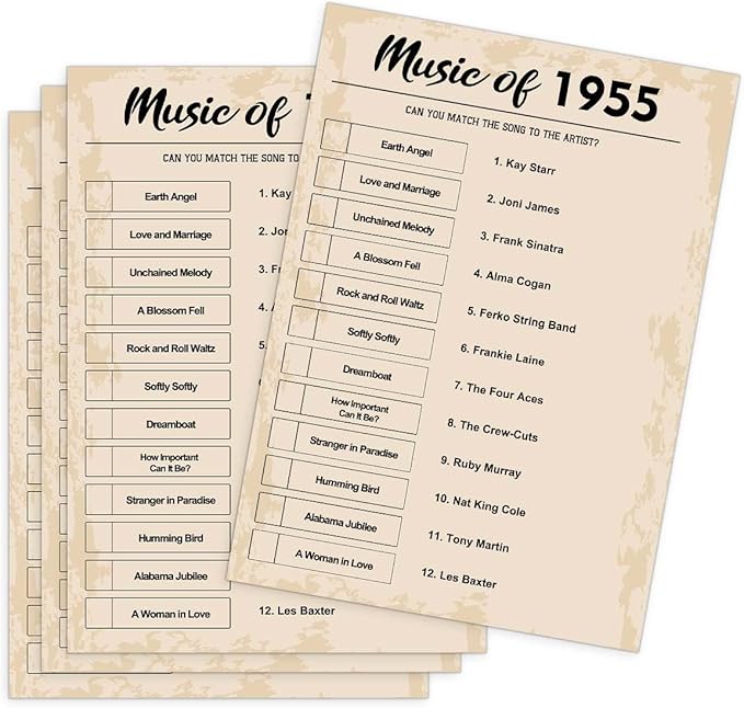 QUPT 70th Birthday Party Games, Music of 1955 Games, Birthday Party Supplies for Adults, Fun 1955s Party Game, Pack of 30 Cards