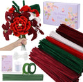 LansinLife 400 Pcs Pipe Cleaners Craft Set, 5 Assorted Red Pipe Cleaners Bulk, Chenille Stems for DIY Flower Making Kit with Floral Stems, Gardening Tape, Stamen, Ribbon for DIY Bouquet Gift (Red)