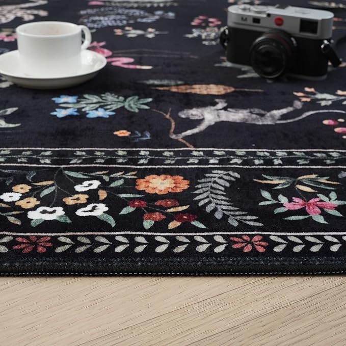 Rugcomf Bedroom Rug 3x5 Rug Washable Area Rug Non Slip Low Pile Boho Floral Animal Small Carpet for Bedroom, Bedside, Kitchen, Entryway, Kids Room, Office, College Dorm Essentials for Girls (Black)