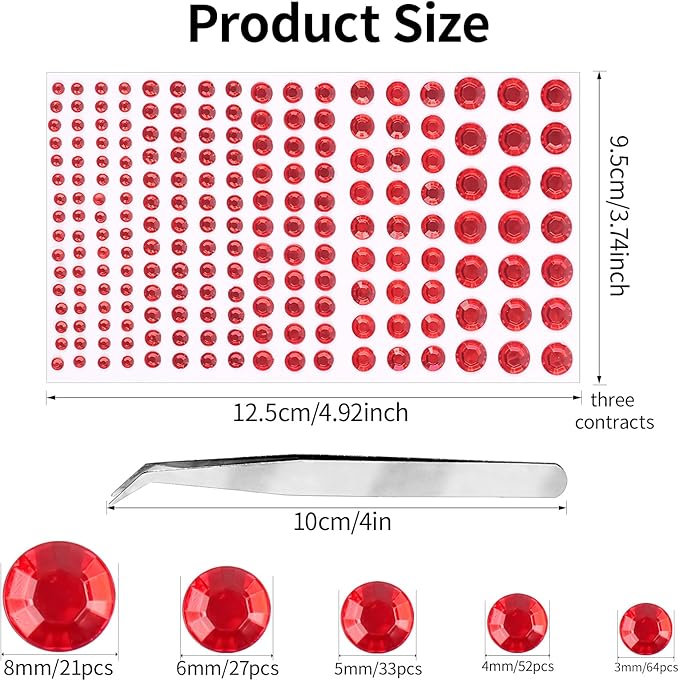 Self Adhesive Face Gems and Pearls for Makeup, Festival Jewels, Hair Gems Pearls, 3/4/5/6/8 mm Round Rhinestone Stickers for Face, Eye, Makeup, Body, Crafts 591Pcs (15_red)