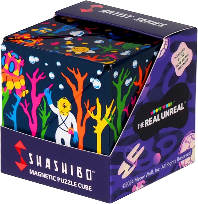 SHASHIBO Shape Shifting Box - Award-Winning Fidget Toy w/ 36 Rare Earth Magnets - Fidget Cube Transforms Into Over 70 Shapes, Sensory Toy Gift for Kids, Teens, and Adults (Glowquarium)