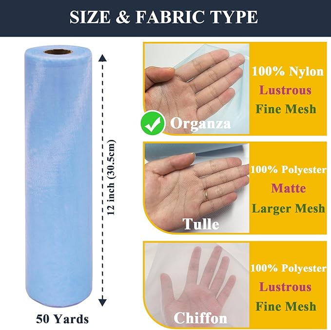 Organza Tulle Fabric Rolls, Crystal Organza 12" by 50 Yards (150 ft) Sheer Nylon Silky Shiny Netting Spool Bolt for DIY Craft Table Runner Wedding Baby Shower Party Decor (Baby Blue)