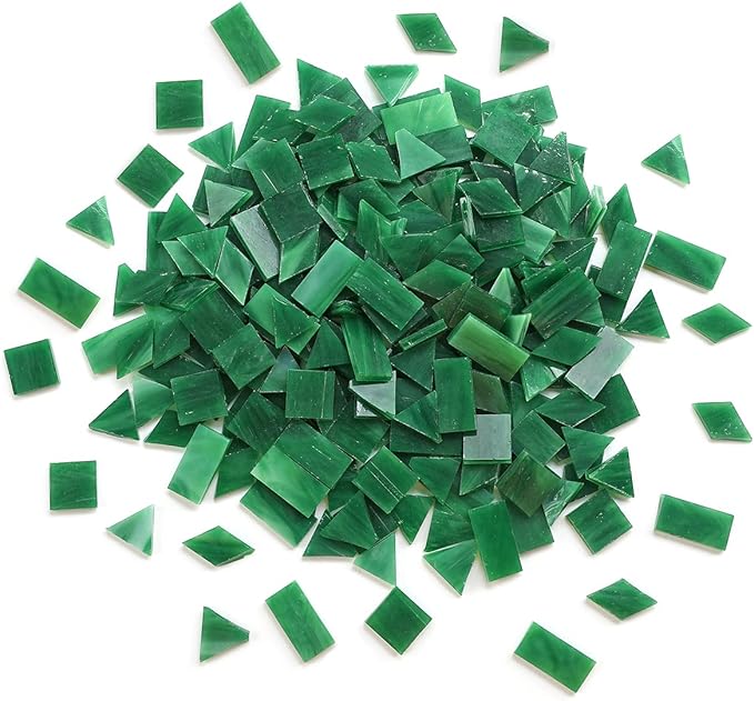 Lanyani 200 Mixed Color Glass Mosaic Tiles - 4 Shapes, Tiffany Stained Glass Pieces for Crafts, Pine Green
