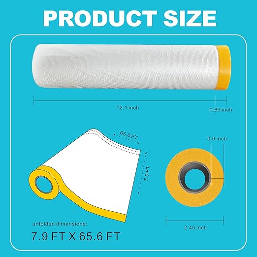 5 Rolls Pre-Taped Masking Film - Masking Film Plastic for Car Paint, Furniture Protection (7.9 Feet X 65.6 Feet)