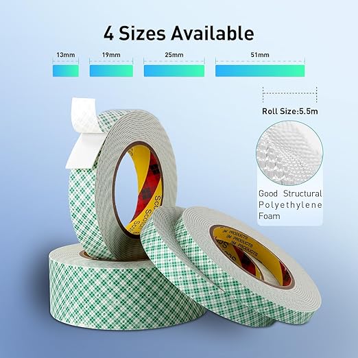 Double Sided Tape Foam Tape 1/2" x 18Ft Made of 3M High Shear Adhesive Mounting Tape with High Temperature Resistance for Interior Exterior Mounting Applications and Home Office Deco (Pack of 2)