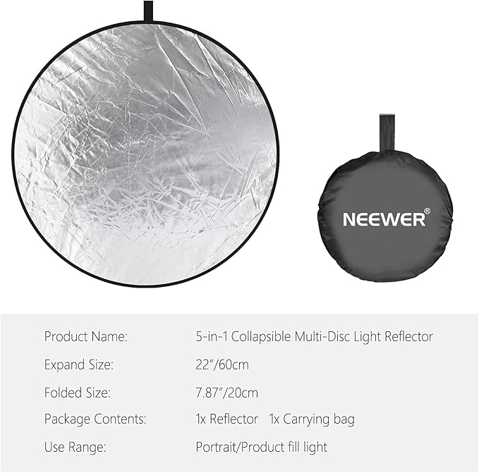 NEEWER 22 Inch/60 Centimeter Light Reflector Light Diffuser 5 in 1 Collapsible Multi Disc with Bag - Translucent, Silver, Gold, White, and Black for Studio Photography Lighting and Outdoor Lighting