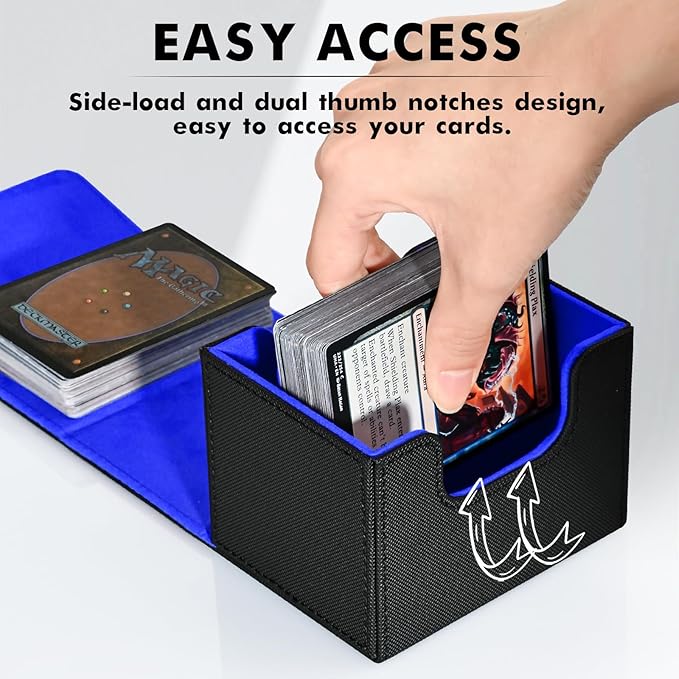 ZLCA Card Deck Box for MTG, Commander Deck Case Holds 120+ Single Sleeved Cards, Leather Magnetic Storage Box Fits for CCG TCG Sport Card (Black& Blue)