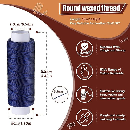 0.8 mm 54 Yards Round Waxed Thread for Leather Sewing, Leather Thread Wax String for Sewing, Stitching, Bookbinding, Bracelet, Braiding (Blue)