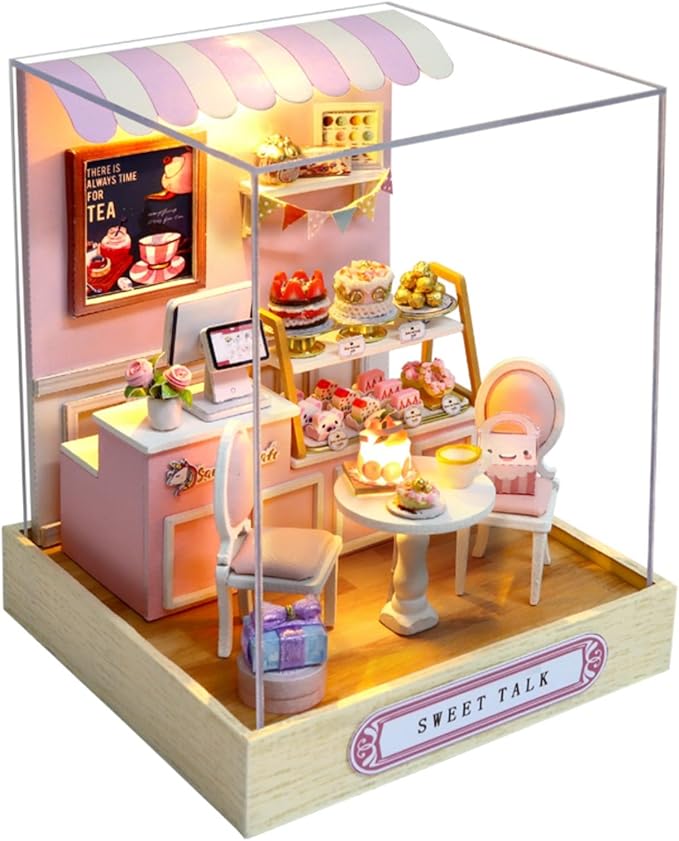 DIY Miniature House Kit, Mini House Building Kit with LED & Dust Cover, DIY Wooden Dollhouse Miniature Kit for Adults Teen, Wooden Crafts Lovely Dollhouse Kit, Sweet Talk