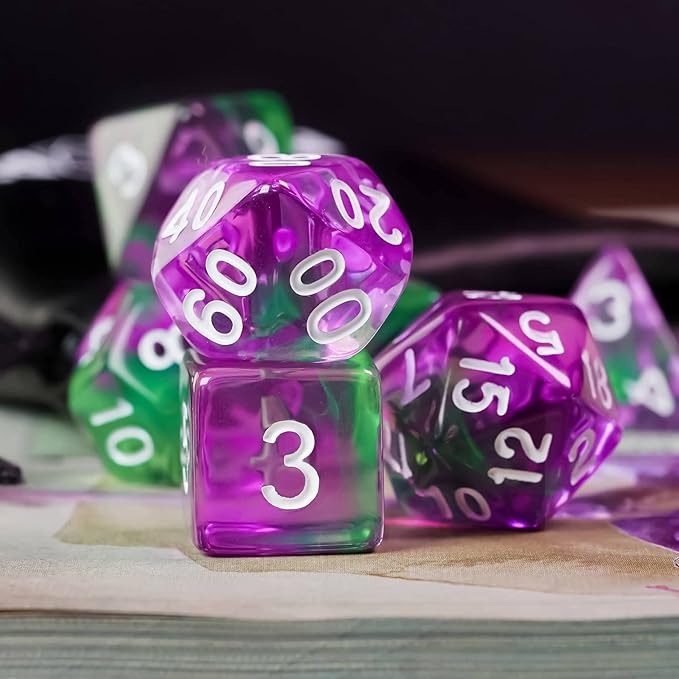 7-Die DND Dice Set Polyhedral Dice Set with a Leather Dice Bag, D&D Dice Set for Dungeons and Dragons, RPG, MTG Table Games (T/Purple Green)