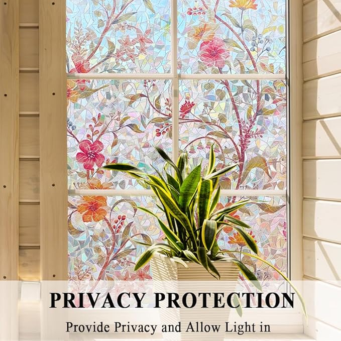 Stained Glass Window Film Static Cling Door Privacy Film Decorative Flowers Red Leaves Window Decals Stickers Heat Control Anti UV for Home and Office,45.2x157 in.