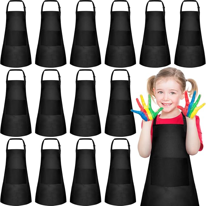 PLULON 6 Pcs Kids Apron with Pocket Adjustable Kids Chef Apron Set for Painting Cooking Baking Grilling Crafting (Black)