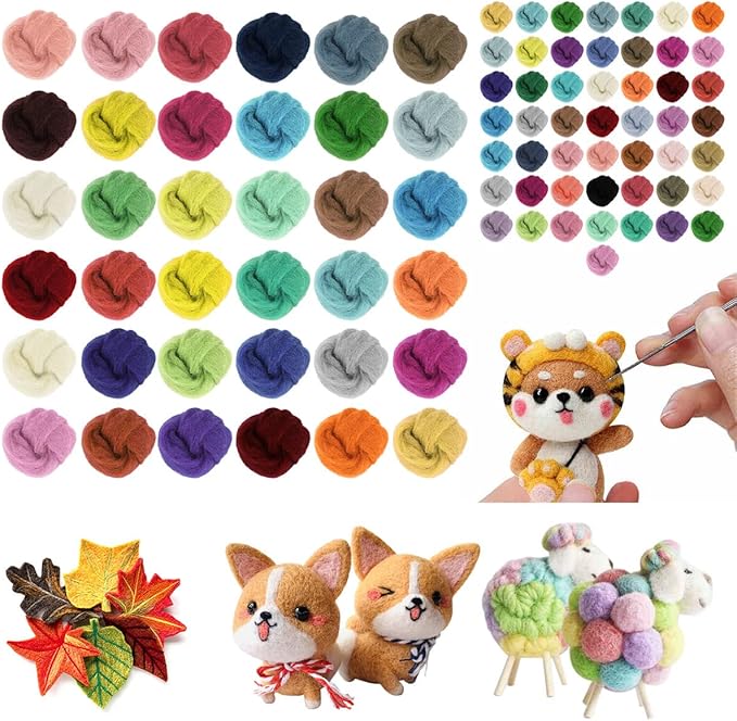Needle Felting Kit, Needle Felting Wool Roving Set, Needle Felting Starter Kit Wool Felt Tools for Felting Wool DIY Craft Materials Needle Felting Supplies (50 Colors)