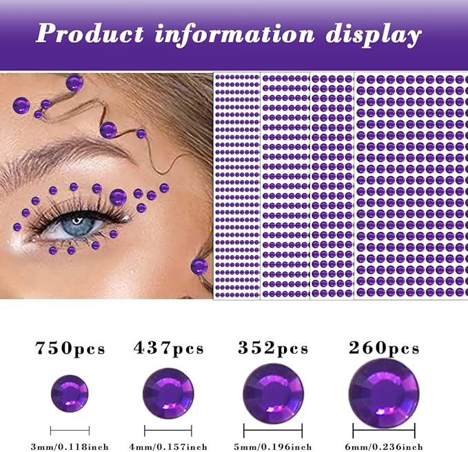 1799 Pcs 4 Sheets Rhinestone Stickers 3/4/5/6 mm Self Adhesive Rhinestones Gems for Face Eyes Makeup Hair Body (purple-3/4/5/6mm)