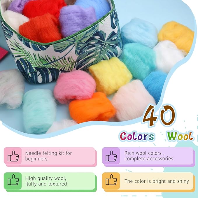 Needle Wool Felting Starter Kit with Exquisite Green Storage Bag, Wool Roving 40 Colors Set, Tools for Felted Animal Needle Felting Supplies