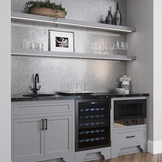 Glass Penny Round 1.03 sq ft/Piece Pack of 1,Silver Penny Round Mosaic Glass Tile – 12.2 x 12.2 Inch - Luxurious Design for Bathroom Walls, Kitchen Backsplash, Shower Walls - Elegant Wall Décor