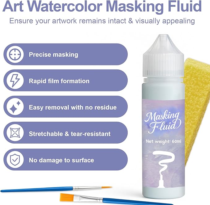 1DFAUL 60ml Masking Fluid for Watercolor Painting, Art Watercolor Masking Fluid Precise White Space, Easy Peel-Off, Water Based Latex, for Artists, Beginners, DIY Canvas Protection (Blue)