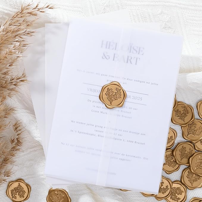 UNIQOOO 50 Sets Pre-Folded Vellum Jackets for 5x7 Invitation & Gold Eucalyptus Wax Seal Stickers, Wedding Invitations Wraps Bulk for Wedding Bridal Baby Shower Envelopes
