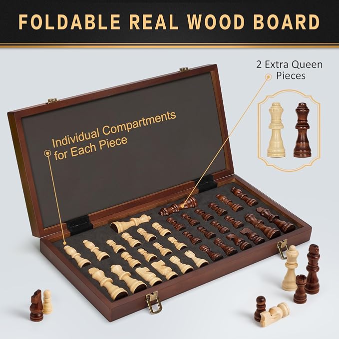 Magnetic Wooden Chess Set, 15" Folding Chess Board with 2 Extra Queens, Portable Travel Chess Set with Pieces Storage Slots, Beginner Chess Board Game for Adults & Kids