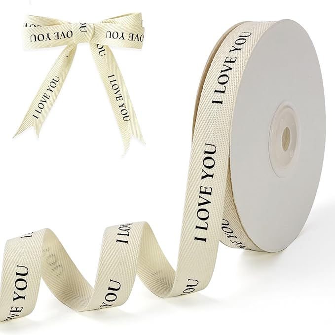 Cotton Herringbone Ribbon - Natural Twill Tape for Custom Gift Wrapping & DIY Crafts-5/8 Inch x 15 Yards - I Love You Printed Phrase