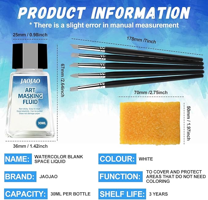 JAOJAO Watercolor Masking Fluid, Liquid Masking for Painting Watercolor Accessories with Silicone Pen Cleaning Brush Retouching and Covering for Painting and Various Art Projects Supplies,White 30ml