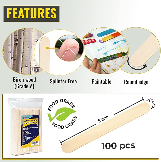 100 Piece Large Jumbo Wooden Craft Sticks (6" x 3/4"), Premium Natural Organic Wood for Waxing, Craft Project, Tongue Depressor, Popsicle, Ice Cream Stick,Woodcraft, Paint Stirrer and Art - Apremont