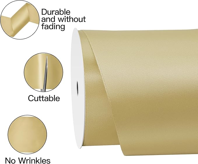 Champagne Gold Satin Ribbon 4 Inch X 15 Yards Solid Color Double Faced Ribbons Perfect for Crafts Wedding Decor Bow Making Arts Sewing and More