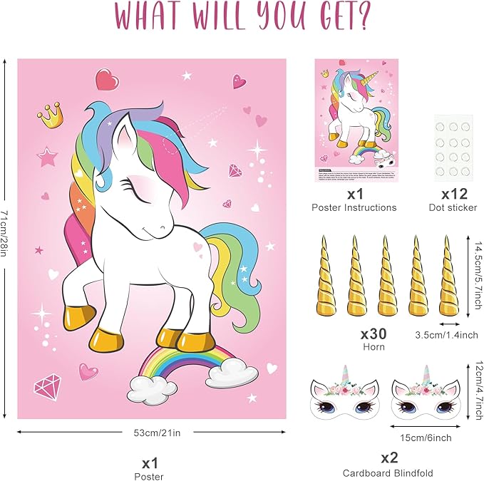 ASTARON Pin The Horn on The Unicorn Birthday Party Game with 30 Horns for Unicorn Party Supplies Favors Girls Rainbow Party Decorations, Pin The Tail Game for Christmas