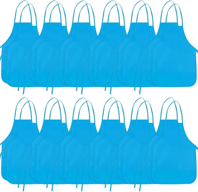 24 Pieces Light Blue Painting Aprons for Kids With 2 Roomy Pockets - Art, Painting Activity, Kitchen, Crafts