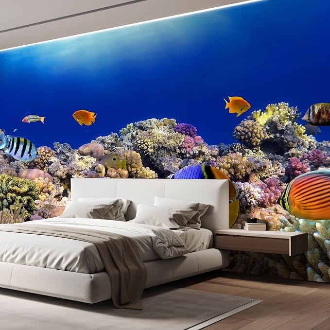 wall26 Wall Sticker/Wall Mural Tropical Blue Fish Coral Reef Ocean Seascape Nature Wilderness, Not Peel and Stick, Non-Woven Wallpaper Decorative for Bedroom, Living Room, Office - 108x144 inches