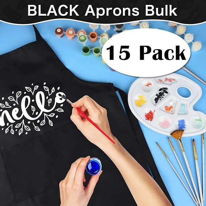 PLULON 15Pcs Kids Paint Aprons Bulk Art Painting Apron for Kids, Paint Apron Adjustable Children Chef Aprons with 2 Pockets for Girls Boys Painting Baking Cooking Crafting (Black)