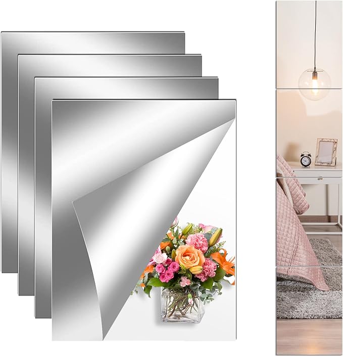 4PCS Self Adhesive Acrylic Mirror Tiles, Flexible Mirror Sheets Wall Stickers, Frameless Non-Glass Mirror Stickers Reflective Mirror for DIY Craft, Home Wall Decor (20 * 30cm,2mm)