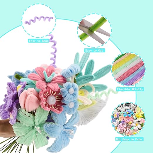 Pipe Cleaners Craft, 400pcs Pipe Cleaners with Flower Stems, Floral Tape, Ribbon, for Flower Bouquet DIY-Colorful