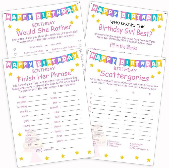 ALodr Girls Birthday Party Set, 20 Birthday Double Sided Cards Set, Girls Birthday Party Activity Notebook Themed Party Activity and Idea - Girl Birthday Supplies, Activity, Decorations