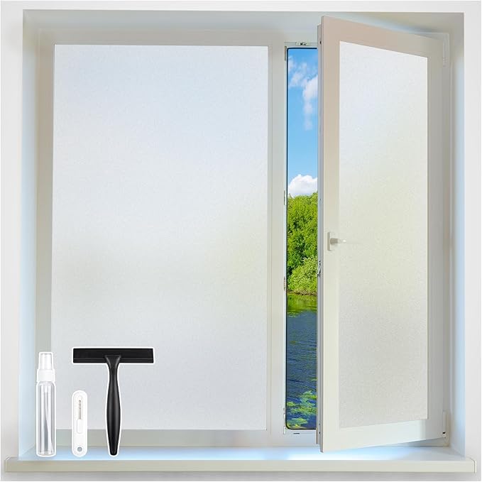 Homein Frosted Glass Window Privacy Film with Tools UV Blocking Privacy Film for Glass Windows, Static Cling No Glue Removable Reusable Anti Glare for Home Day and Night, Pure 35.4x157.4 inch