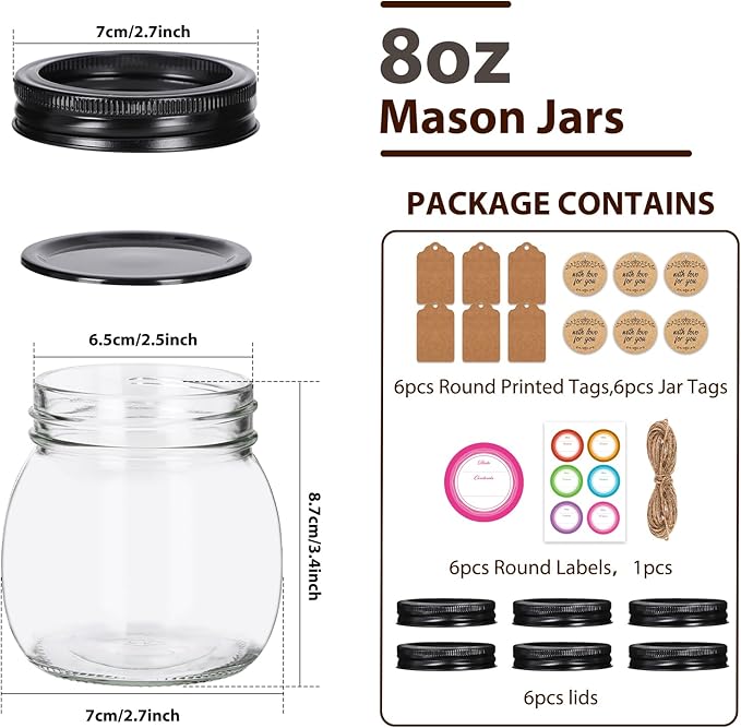 Mason Jars 8 oz 6 Pack with Black Lids & Bands, 8 oz Glass Jars with Lids with Stickers, Tags and Jute Twine for Spice Storage, Crafts, Wedding Decor