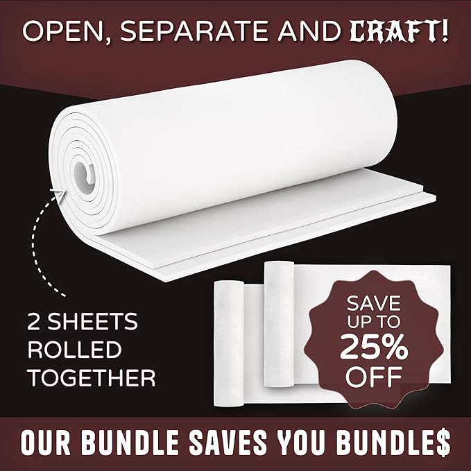 2-Pack EVA Foam Cosplay Bundle - 2 Pack: 1mm Thick (White) 14" x 39" Sheet - Premium Foam Sheets - Ultra High Density Craft Foam 85 kg/m3 - by The Foamory