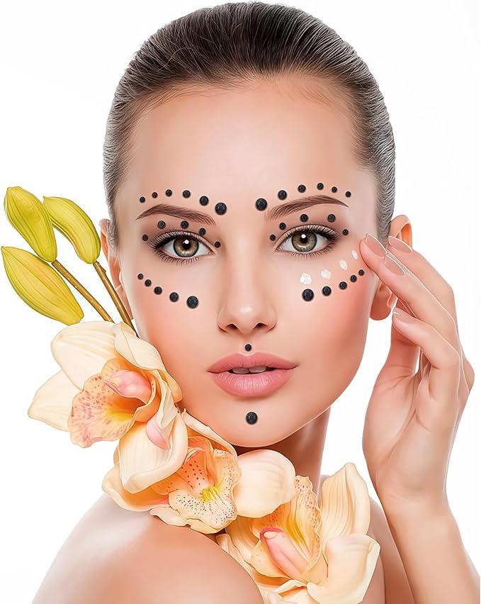 Self Adhesive Face Gems and Pearls for Makeup, Festival Jewels, Hair Gems Pearls, 3/4/5/6/8 mm Round Rhinestone Stickers for Face, Eye, Makeup, Body, Crafts 591Pcs (13_Black)
