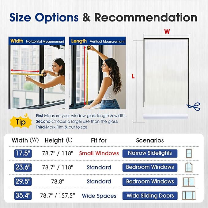 Privacy Window Film Static Cling, Frosted Glass Decorative Window Film with 96% UV Blocking, Non-Adhesive Removable Window Cling for Home Office Bathroom, 29.5 x 78.7 Inches, White