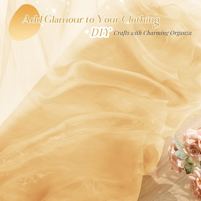 P Pothuiny Sheer Organza Fabric by The Yard, 1 Yard x 60 Inch Wide Bridal Champagne Organza Tulle Fabric Roll Shiny Gauze Fashion Dress Sewing Craft for Wedding Party Decorations Backdrop