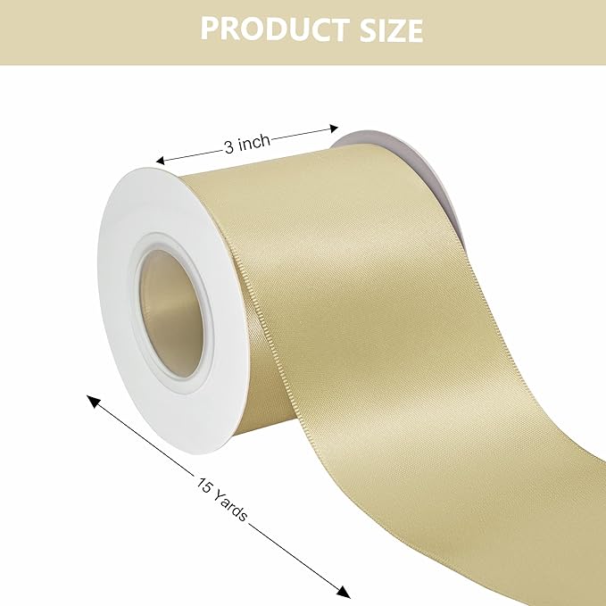 Champagne Gold Satin Ribbon 3 Inch X 15 Yards Solid Color Double Faced Ribbons Perfect for Crafts Wedding Decor Bow Making Arts Sewing and More