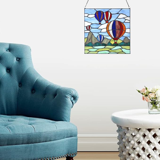 PA0002 Stained Glass Hanging Panel-12 Wx12 H Window Suncatcher Window Décor Tiffany Style Wall Décor Hanging Art,Hot Air Balloons.