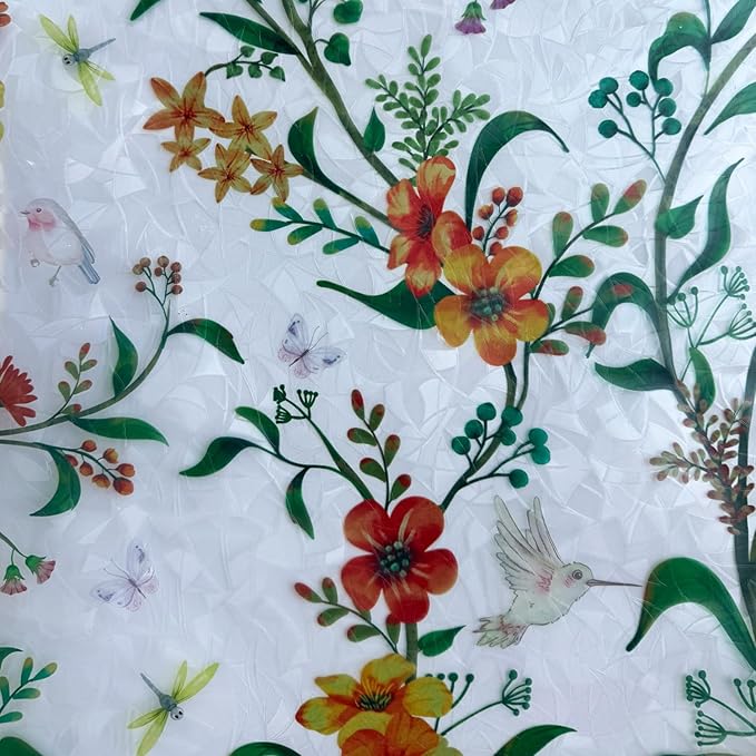 Stained Glass Window Film Static Cling Door Privacy Film Decorative Flowers Green Leaves Window Decals Stickers Heat Control Anti UV for Home and Office,35 inches by 78.7 inches