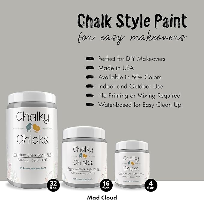 Chalky Chicks All-in-One Chalk Paint for Furniture or Cabinet - 16 Fl Oz - Matte Finish Mad Cloud (Light Gray) for Metal, Wood Furniture Paint - No Sanding All-in-One for Home Decor & Crafts, USA Made