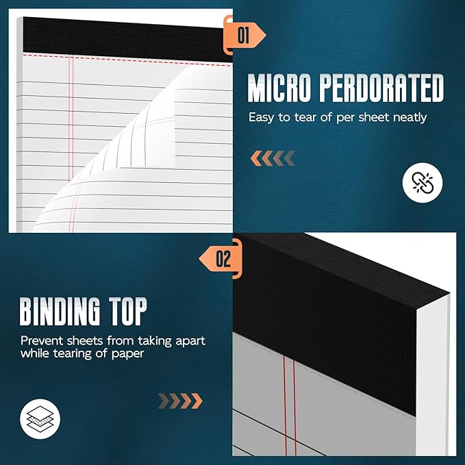 Legal Pads 8.5 x 14 Note Pads, 6 Pack Writing Pads Wide Ruled Notepads, Micro Perforated Notepad, Double-Side Printed Lined Paper Pads 30 Sheets per Notepad, White Legal Pads for Home, Office, School