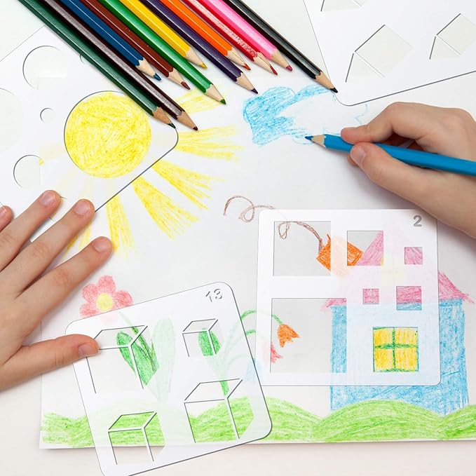 Outus 16 Pieces Kids Drawing Stencils Basic Shape Plastic Drawing Stencil Template Geometry Shape Reusable DIY Painting for Kids Girls Boys Gifts Home Classroom Crafts