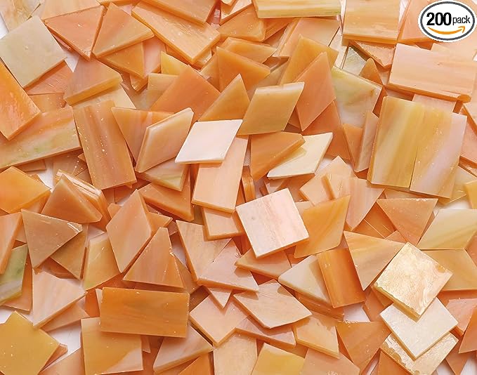 Lanyani Glass Mosaic Tiles for Art Crafts, Mixed Colorful Glass Tiles, 200 Pieces, Square/Rectangle/Diamond/Triangle, Frosty Peach