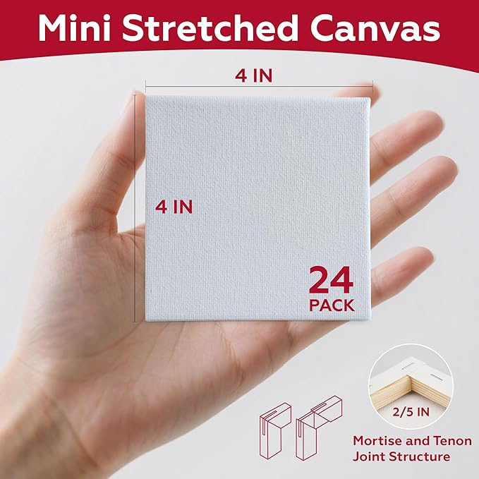 Stretched Canvas for Painting,24Pack 4X4 Inch Mini Stretched White Blank Canvas, 2/5In Profile Small Square Stretched Canvases,Canvas for Painting for Chilren,Birthday,Party,Teaching Class.